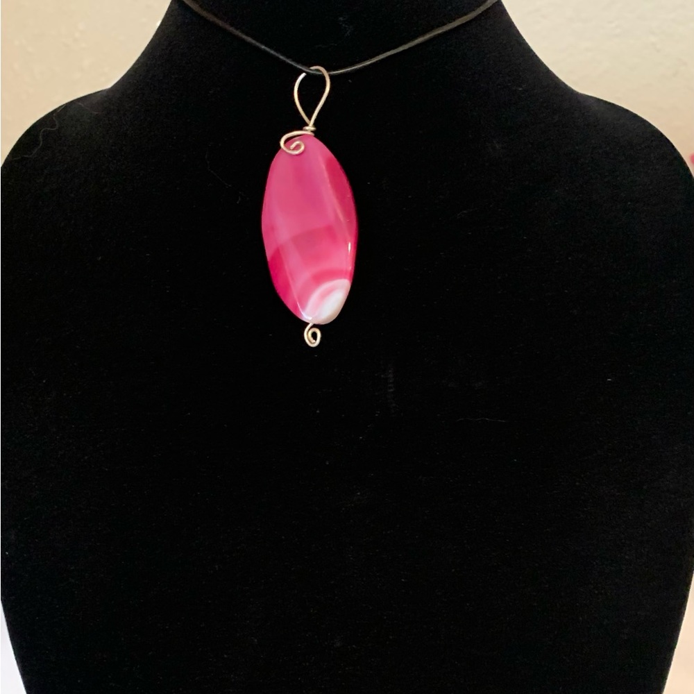 Handmade Leather Necklace/Pendant Accented Sterling Silver & a Large Pink Agate